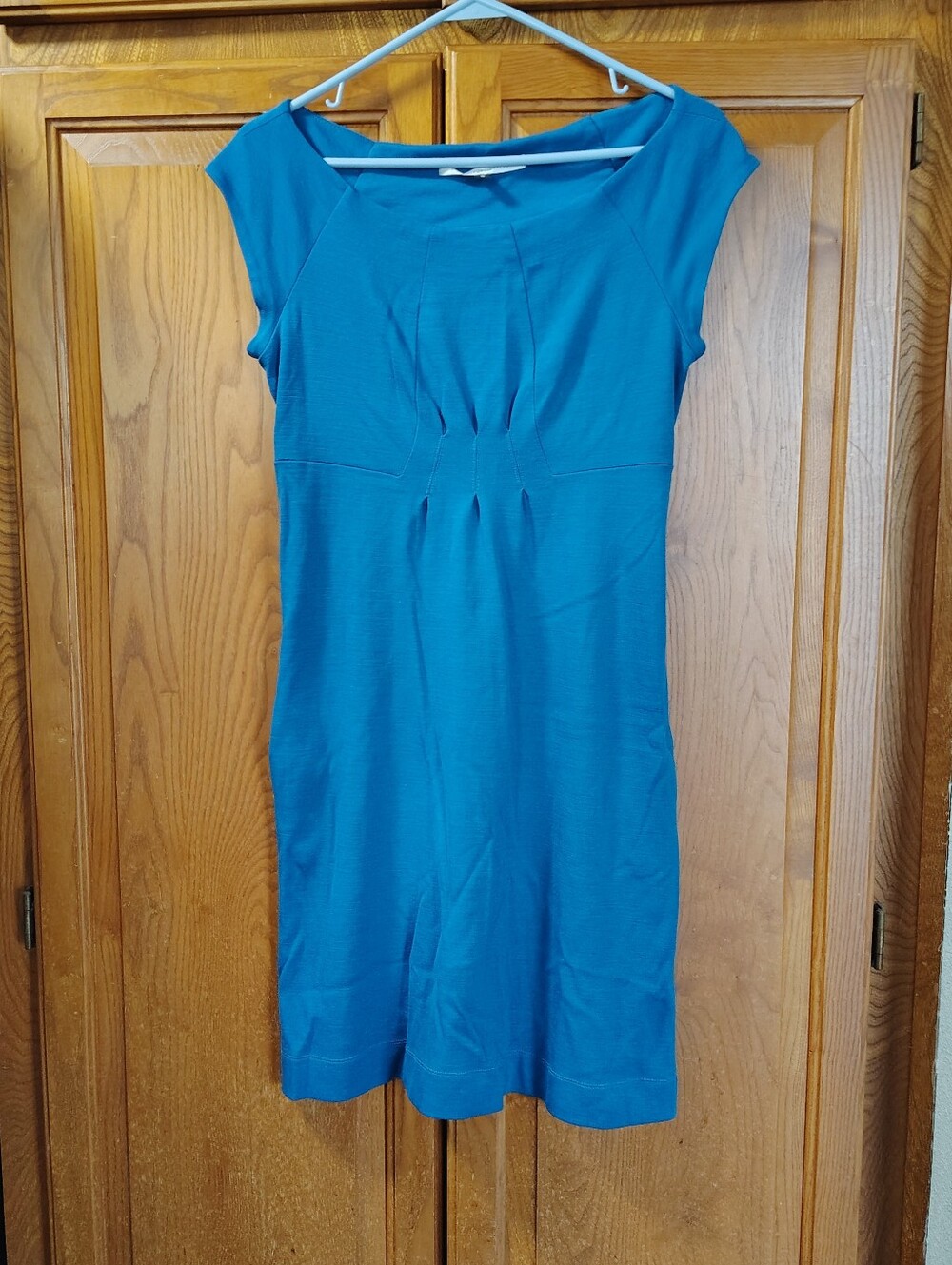 Diane Von Furstenberg Teal Blue Cap-Sleeve Sheath Chita Dress Wool Pockets Sz 8